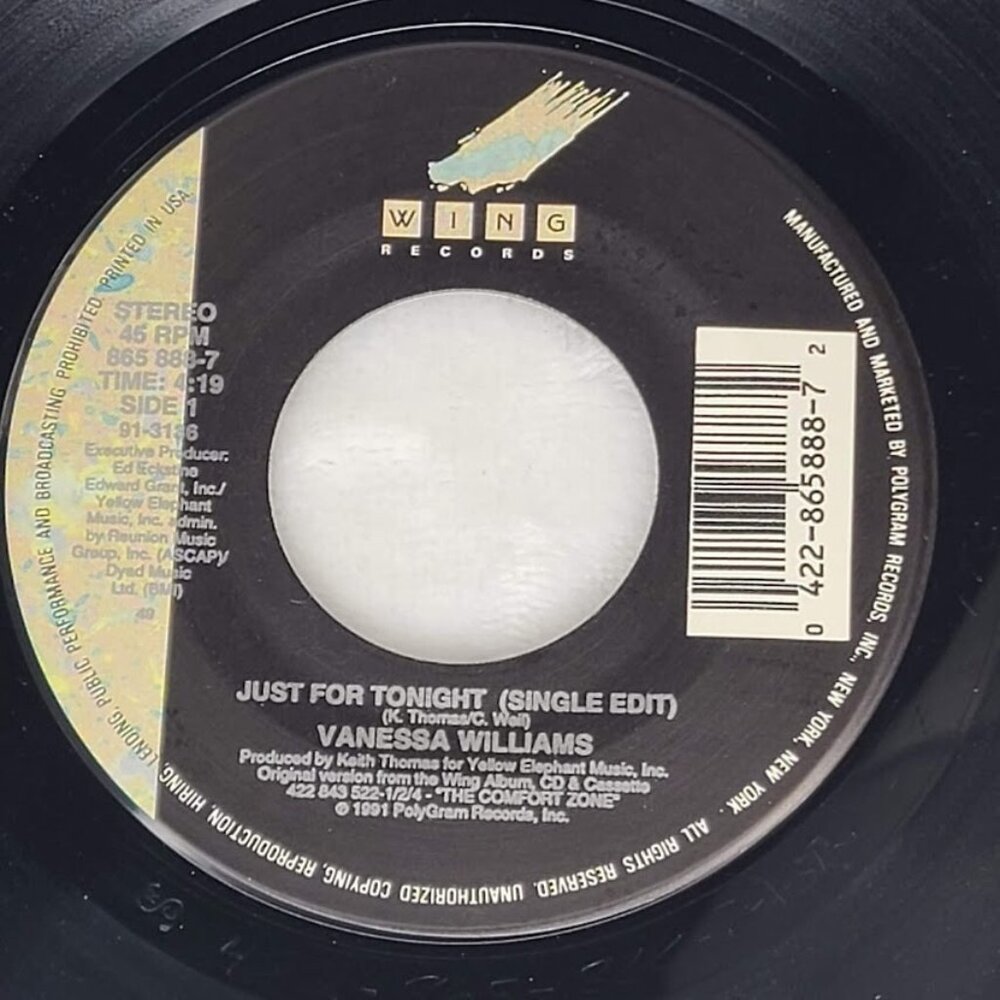 Vanessa Williams Just For Tonight Single Edit Both Sides 45 RPM 7" Vinyl 1992